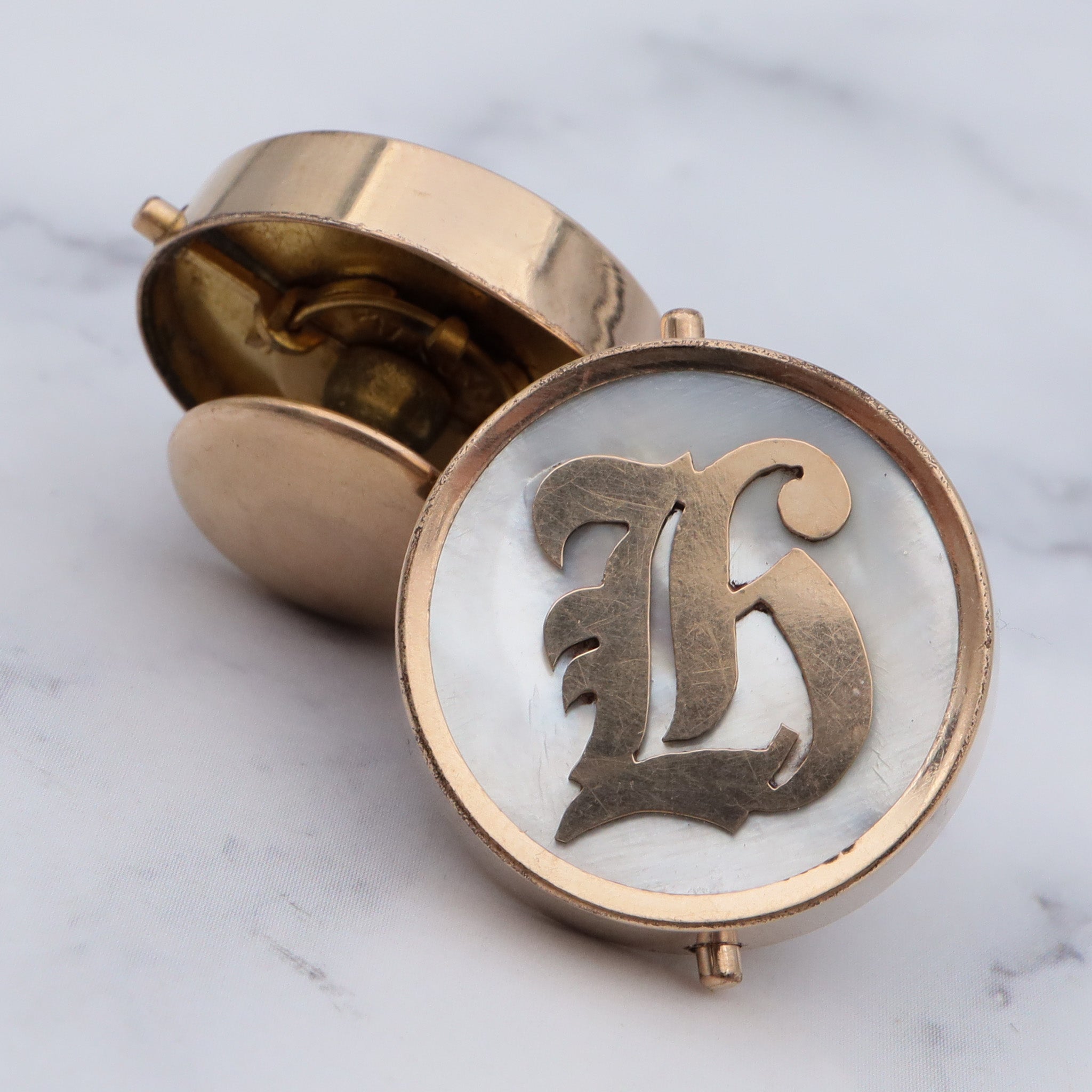 Antique late 1800’s gold-filled & mother of pearl monogrammed “K” cufflinks